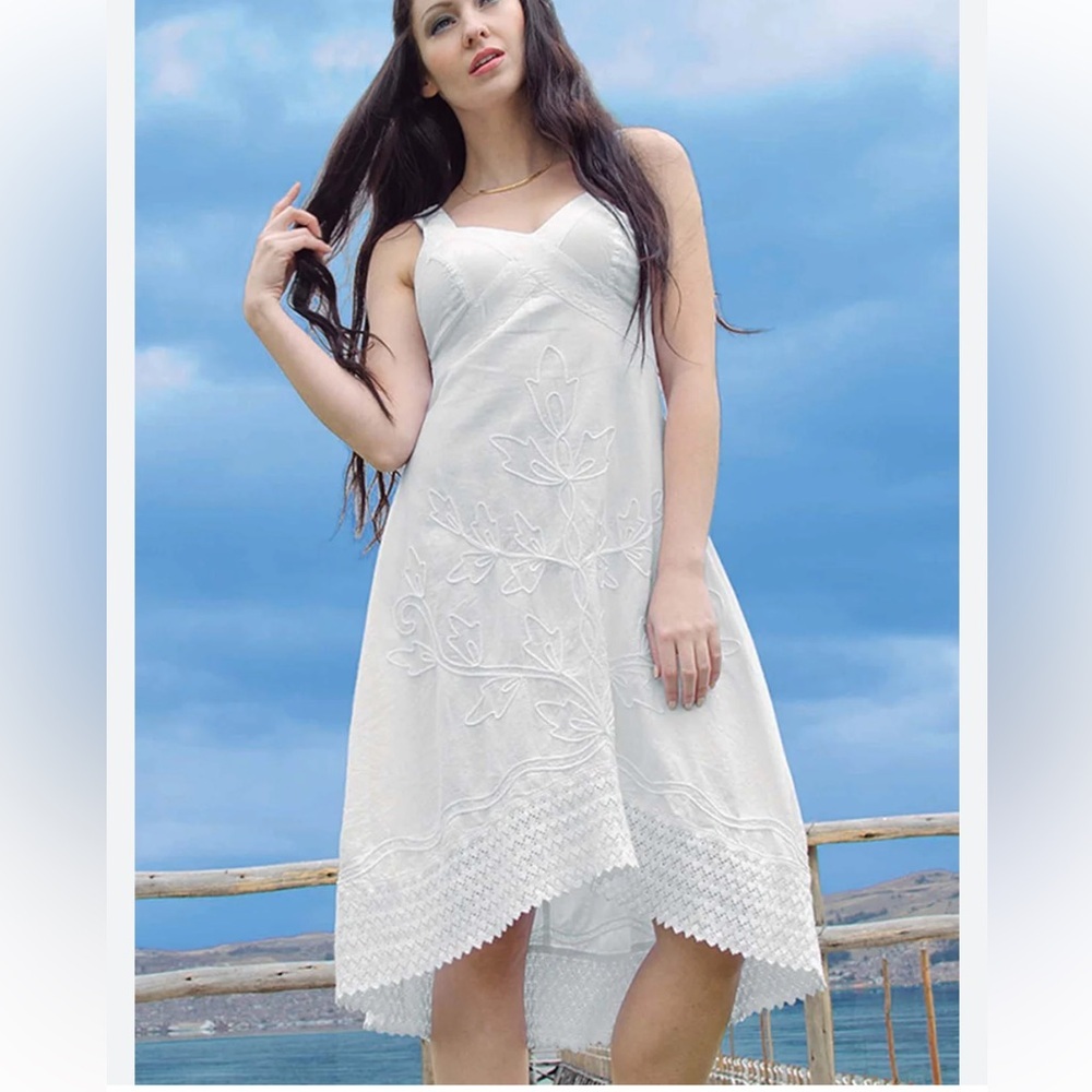 Gretty Zuegler White Laura Cotton Dress Crochet Trim Tonal Embroidery Small